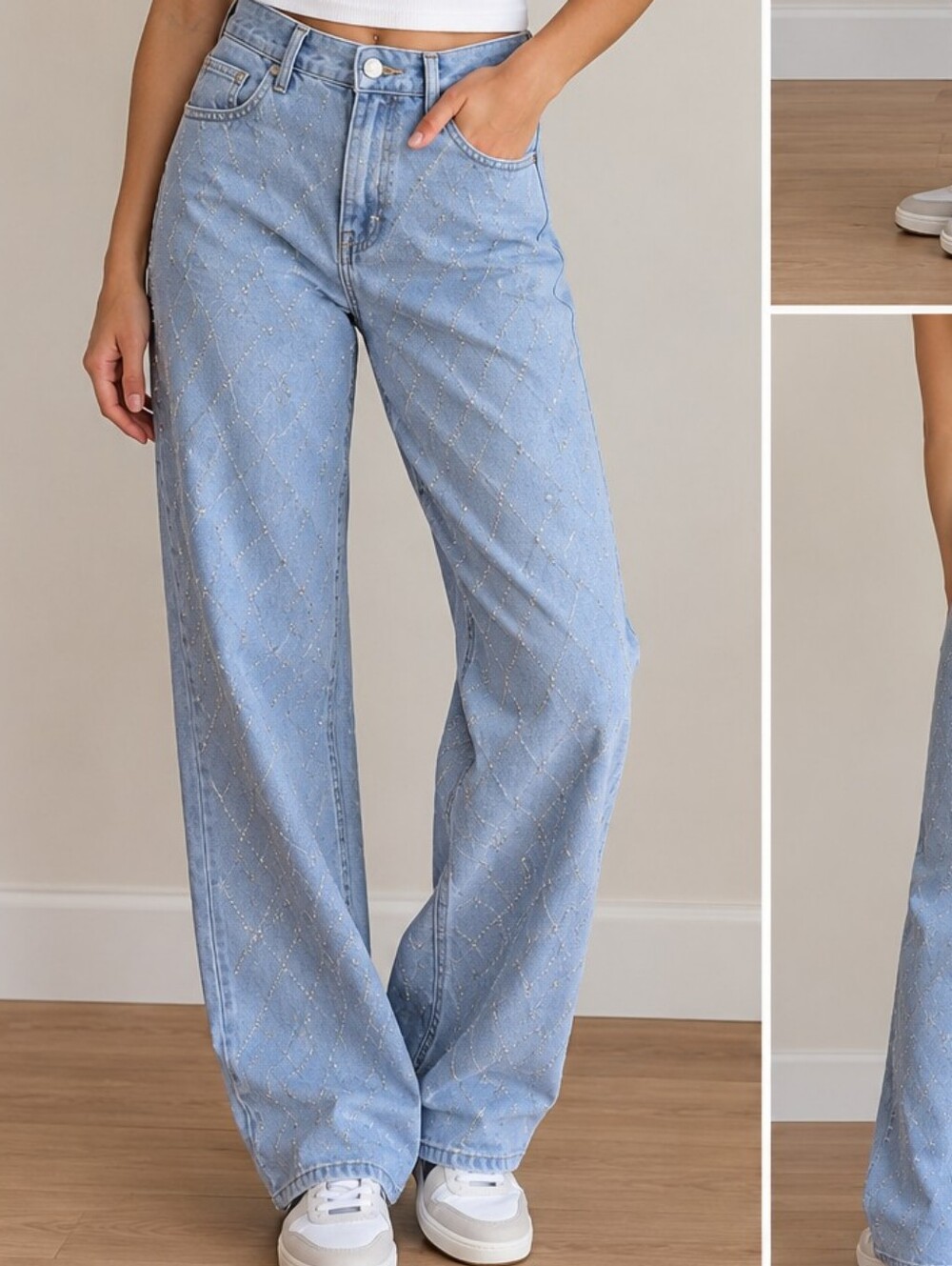 Fire & Rain Light Blue Jrs Wide Leg Jeans with Rhinestone Diamond Pattern Size 5